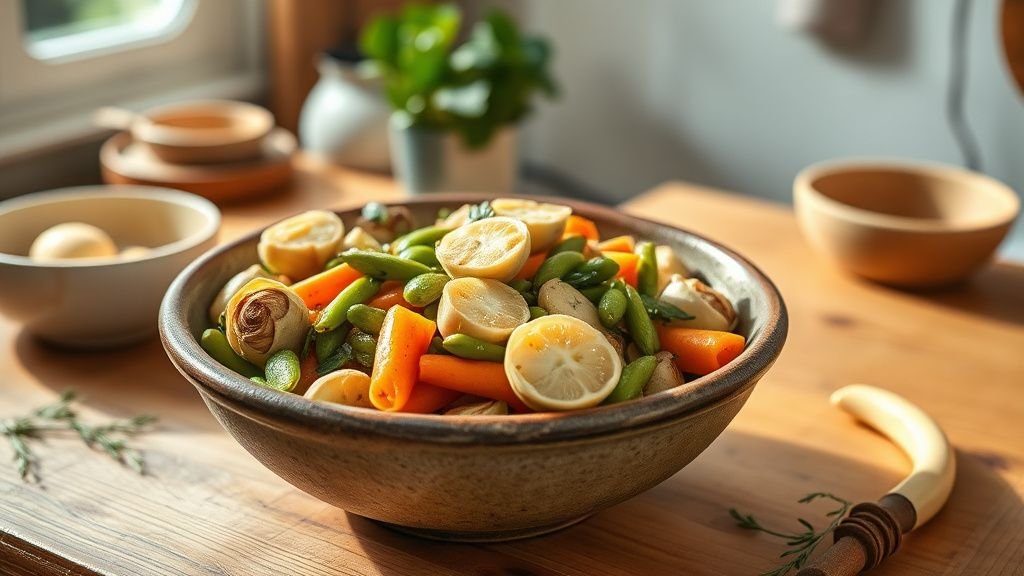 Poêlée de fèves et artichauts servie dans un plat rustique sous une lumière naturelle de printemps