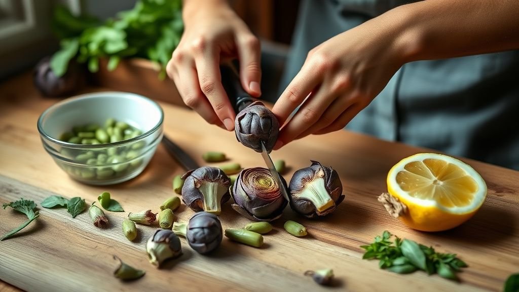 Mains préparant des artichauts violets avec un bol d’eau citronnée sur un plan de travail en bois