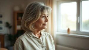 Femme avec frange effilée et cheveux souples près d’une fenêtre dans une lumière naturelle douce