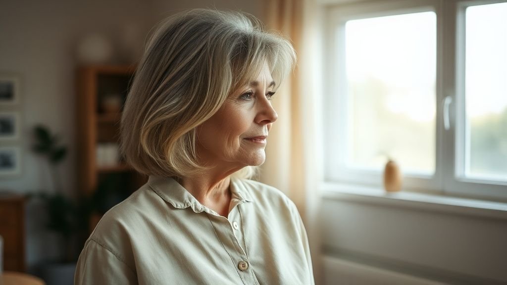 Femme avec frange effilée et cheveux souples près d’une fenêtre dans une lumière naturelle douce