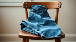 Jean en denim plié sur une chaise en bois dans une lumière naturelle douce et minimaliste
