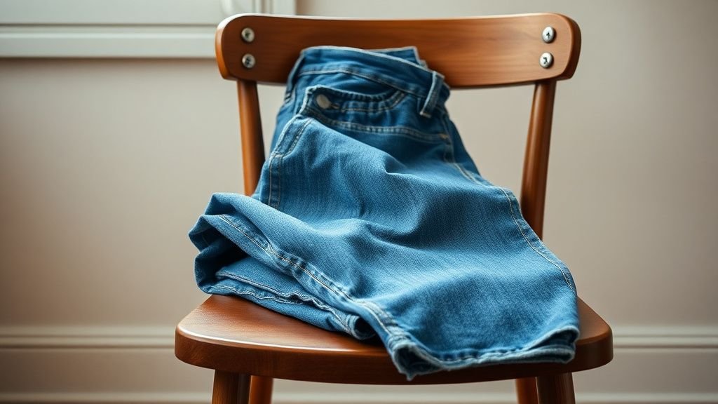 Jean en denim plié sur une chaise en bois dans une lumière naturelle douce et minimaliste
