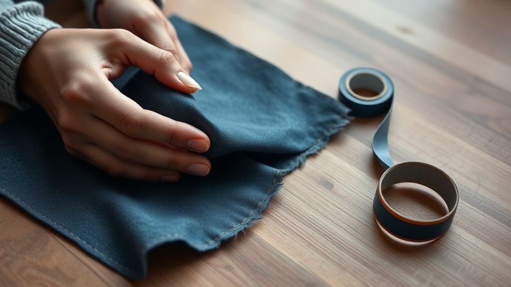 Mains examinant une toile de jean robuste sur une table en bois sous lumière naturelle