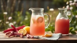 Carafe de limonade de rhubarbe rose pâle sur une table en bois avec citron et tiges fraîches