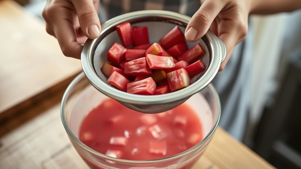 Limonade de rhubarbe maison : la boisson printanière facile 2 Mains filtrant un sirop de rhubarbe dans une cuisine lumineuse sur un plan de travail en bois
