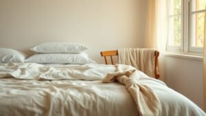 Linge de maison éthique posé dans une chambre lumineuse avec drap en coton naturel et ambiance cocon
