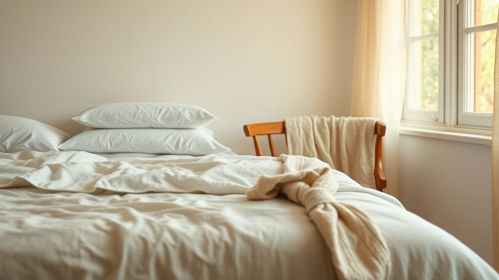 Linge de maison éthique posé dans une chambre lumineuse avec drap en coton naturel et ambiance cocon