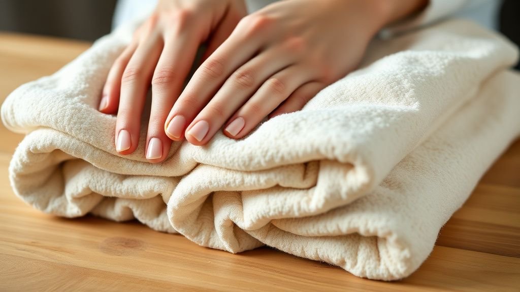 Mains pliant des serviettes crème en coton naturel sur un plan en bois, lumière douce et ambiance apaisante