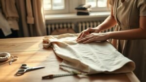 Mains pliant un vêtement sobre dans un atelier lumineux, ambiance slow fashion et matières naturelles