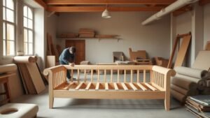 Atelier lumineux avec des mains assemblant un canapé en bois et textile, ambiance artisanale et naturelle