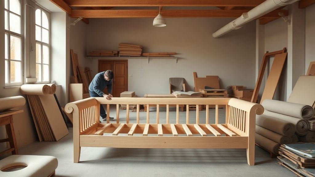 Atelier lumineux avec des mains assemblant un canapé en bois et textile, ambiance artisanale et naturelle
