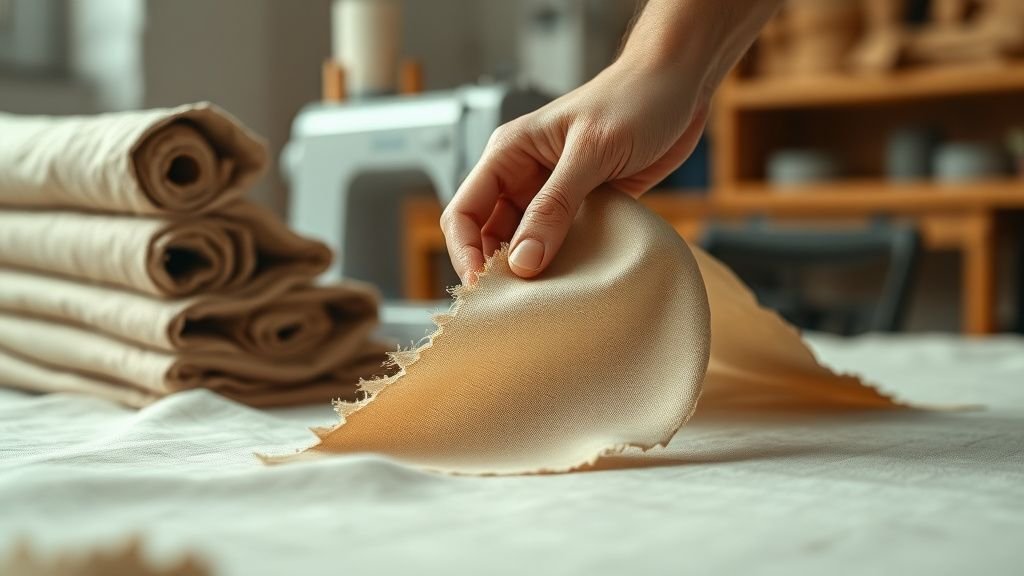 Gros plan sur des tissus et des mains dans un atelier textile, pour illustrer le choix des matières