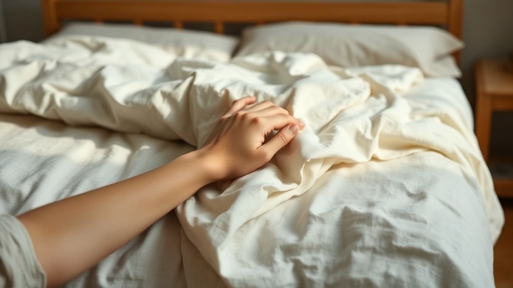 Linge de maison en lin plié sur un lit en bois, avec une main qui lisse le tissu sous une lumière douce