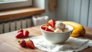 Nice cream banane fraise minute : la glace express saine 1 Bol de nice cream banane fraise sur une table en bois, avec fruits frais et lumière naturelle