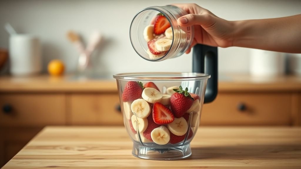 Nice cream banane fraise minute : la glace express saine 2 Mains versant des bananes congelées et des fraises dans un blender sur un plan de travail en bois