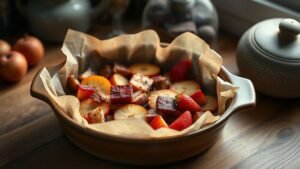 Papillote de fruits de saison avec pomme, rhubarbe et fraise dans un plat en céramique