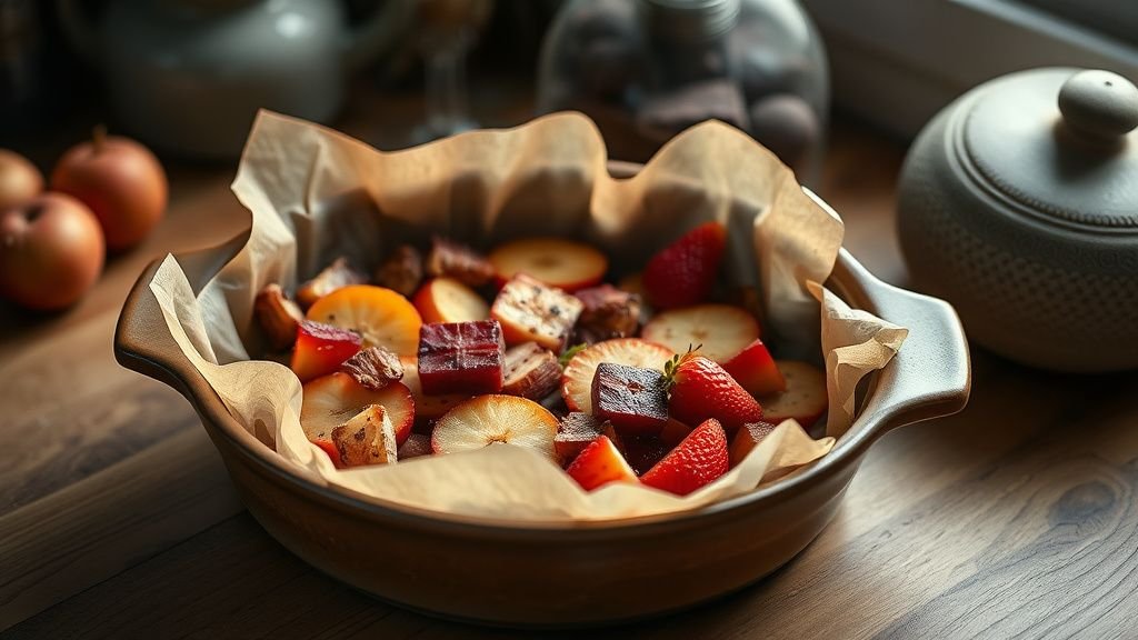 Papillote de fruits de saison avec pomme, rhubarbe et fraise dans un plat en céramique
