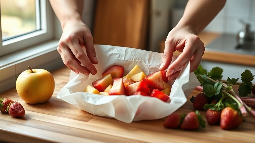 Mains pliant une papillote de fruits de saison sur un plan de travail en bois sous lumière naturelle