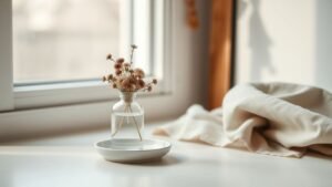 Flacon de parfum naturel posé sur une coiffeuse minimaliste avec fleurs séchées et lumière douce