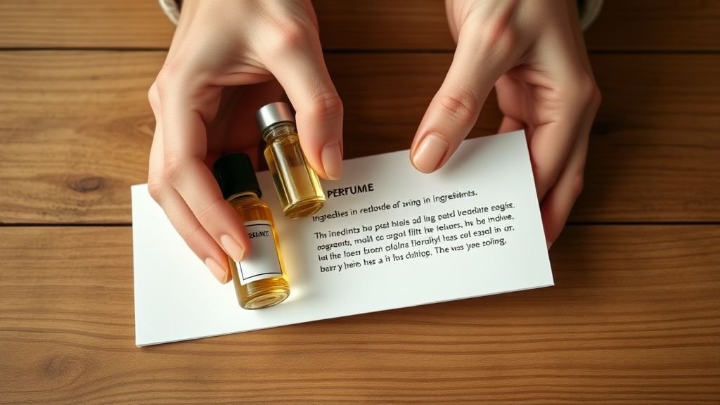Mains comparant deux flacons de parfum sur une table en bois, dans une ambiance naturelle et douce
