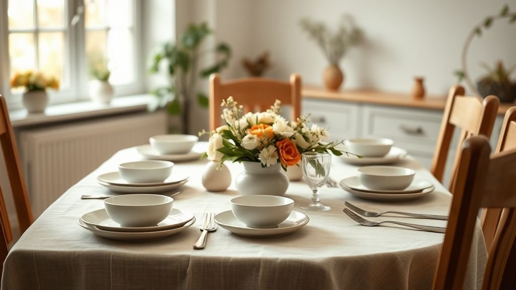 Plan de table de Pâques : apaiser les repas de famille 1 Table de Pâques chaleureuse avec vaisselle simple et lumière naturelle dans un intérieur cosy