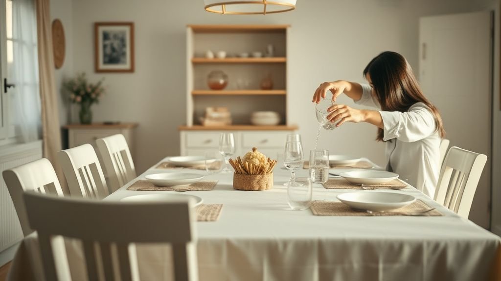 Plan de table de Pâques : apaiser les repas de famille 2 Mains ajustant une chaise autour d’une table familiale de Pâques sous une lumière douce