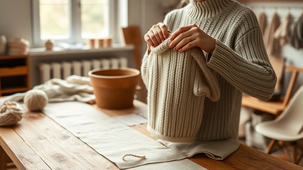 Pull recyclé posé sur une table en bois dans un atelier lumineux, ambiance mode responsable et chaleureuse