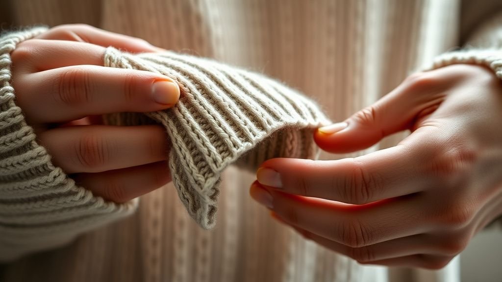 Mains examinant les finitions d’un pull en maille, pour illustrer la qualité et le savoir-faire