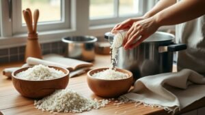 Mains versant du riz cru dans une casserole, avec un verre mesureur et une ambiance de cuisine naturelle