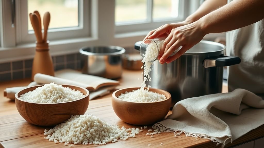 Mains versant du riz cru dans une casserole, avec un verre mesureur et une ambiance de cuisine naturelle