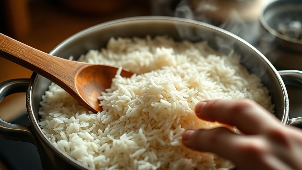 Riz cuit et aéré dans une casserole, avec une cuillère en bois dans une lumière douce de cuisine
