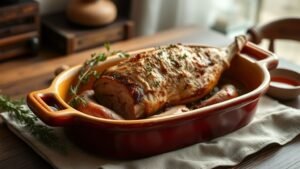 Cuisson du rôti de veau au four : temps juste et moelleux 1 Rôti de veau au four servi dans un plat rustique avec herbes et jus de cuisson sur une table en bois