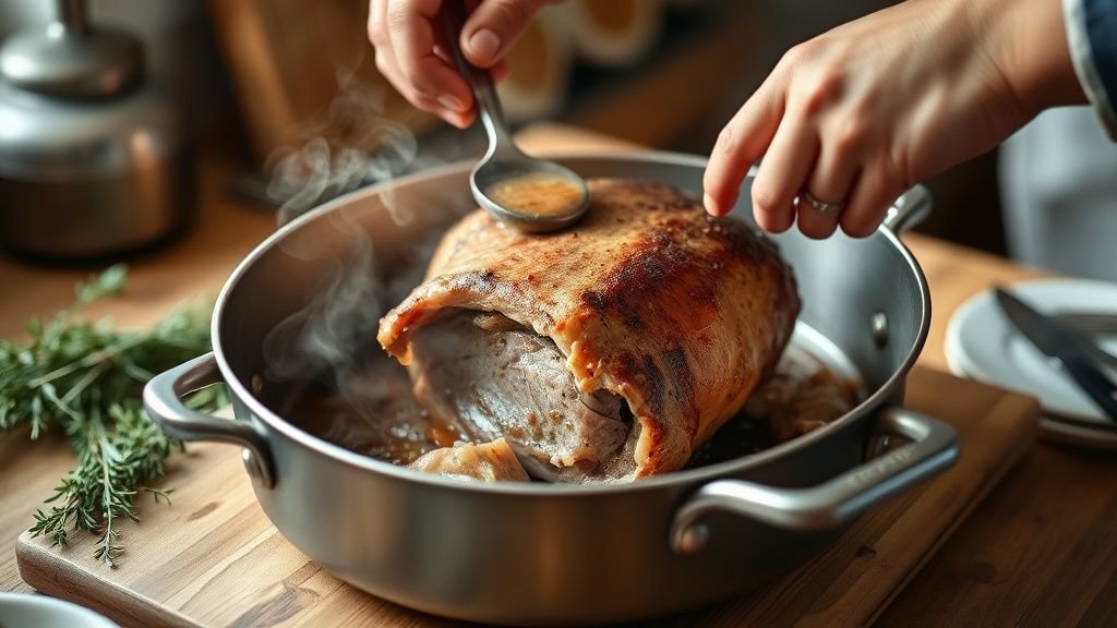 Mains arrosant un rôti de veau dans un plat au four avec thym et ail sur un plan de travail en bois