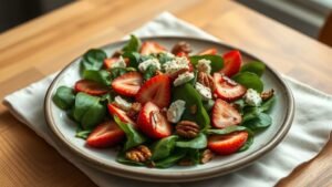 Salade d’épinards aux fraises : fraîcheur printanière facile 1 Salade d’épinards aux fraises avec noix de pécan et fromage sur une assiette rustique
