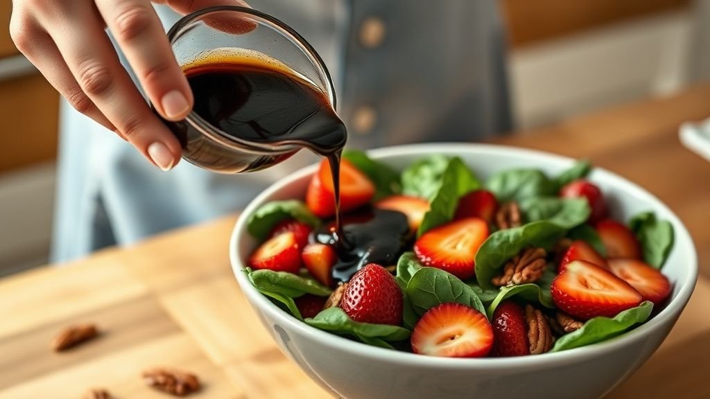 Salade d’épinards aux fraises : fraîcheur printanière facile 2 Mains versant une vinaigrette balsamique sur une salade d’épinards et de fraises