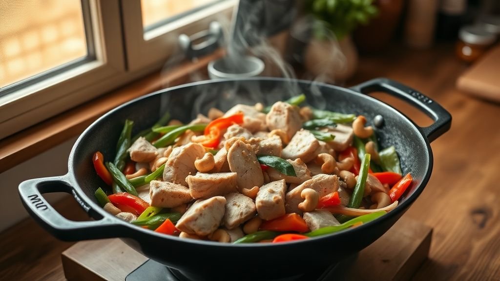 Wok de dinde aux pois gourmands et noix de cajou servi dans un wok sur un plan de travail en bois