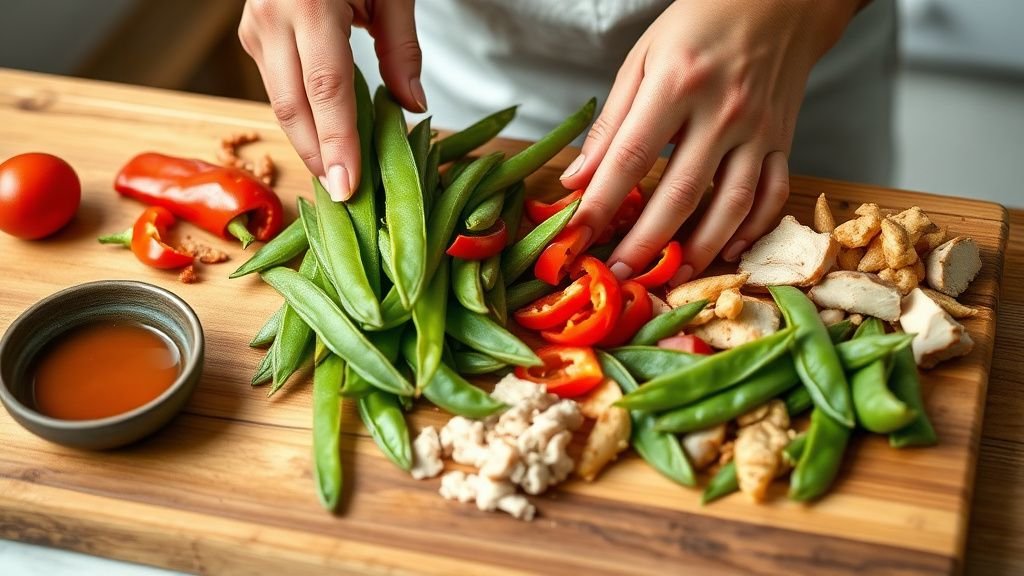Mains préparant les légumes et la dinde pour un wok de dinde sur une planche en bois
