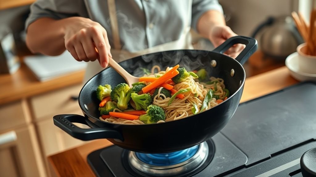 Wok de légumes croquants au gingembre : recette facile 1 Mains faisant sauter des légumes colorés dans un wok avec nouilles de riz sous lumière naturelle