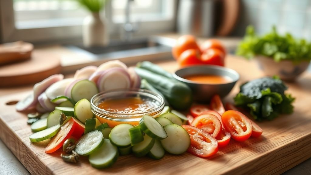 Wok de légumes croquants au gingembre : recette facile 2 Légumes frais coupés et sauce au gingembre préparés sur une planche en bois dans une cuisine lumineuse