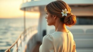Femme en tenue crème avec chignon bas orné d’une fleur blanche sur le pont d’un yacht au coucher du soleil