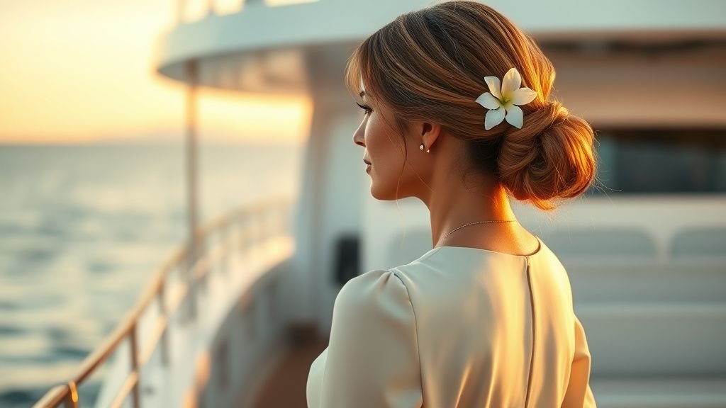 Femme en tenue crème avec chignon bas orné d’une fleur blanche sur le pont d’un yacht au coucher du soleil