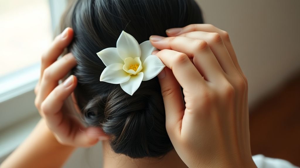 Gros plan sur des mains fixant une fleur blanche dans un chignon bas sous une lumière naturelle douce