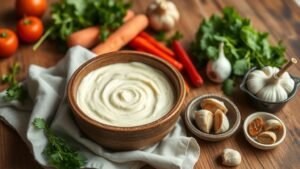 Aïoli léger à l’ail confit vegan : sauce douce et savoureuse 2 Bol d’aïoli léger vegan posé sur une table en bois avec légumes frais et ail confit