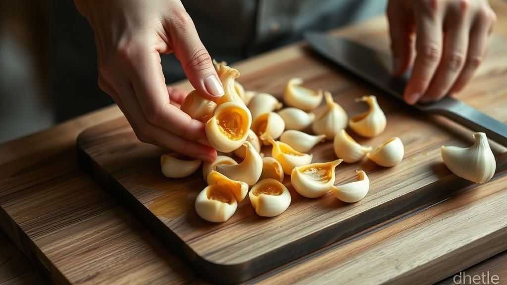 Aïoli léger à l’ail confit vegan : sauce douce et savoureuse 2 Mains préparant de l’ail confit sur une planche en bois dans une cuisine lumineuse