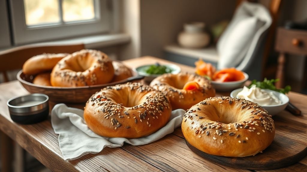 Bagels sans gluten dorés sur une table en bois avec herbes fraîches et lumière naturelle