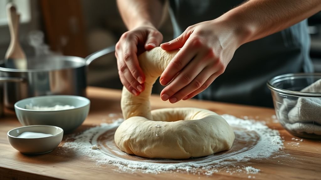 Mains façonnant une pâte à bagel sans gluten sur un plan de travail en bois sous lumière naturelle