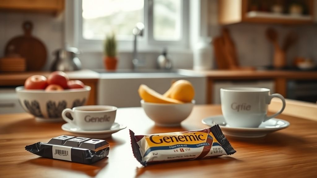 Barre chocolatée posée sur une table en bois avec des fruits frais et une tasse de thé en lumière naturelle