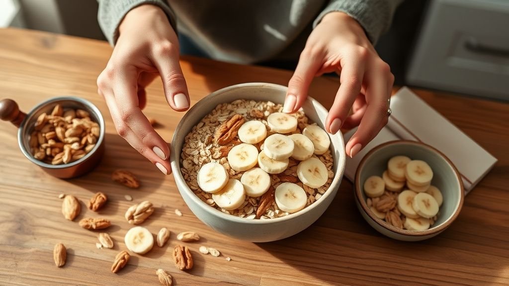 Mains préparant un encas maison avec flocons d’avoine, banane et fruits secs sur un plan de travail en bois