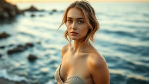 Beauté sans maquillage : le naturel qui rayonne vraiment 2 Femme au bord de mer avec peau nue et cheveux naturellement coiffés sous une lumière douce