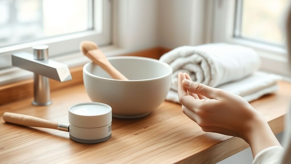 Geste de soin minimaliste sur un plan de toilette en bois avec lumière naturelle